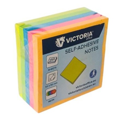 Öntapadó jegyzettömb, 50x50 mm, 250 lap, VICTORIA OFFICE, neon